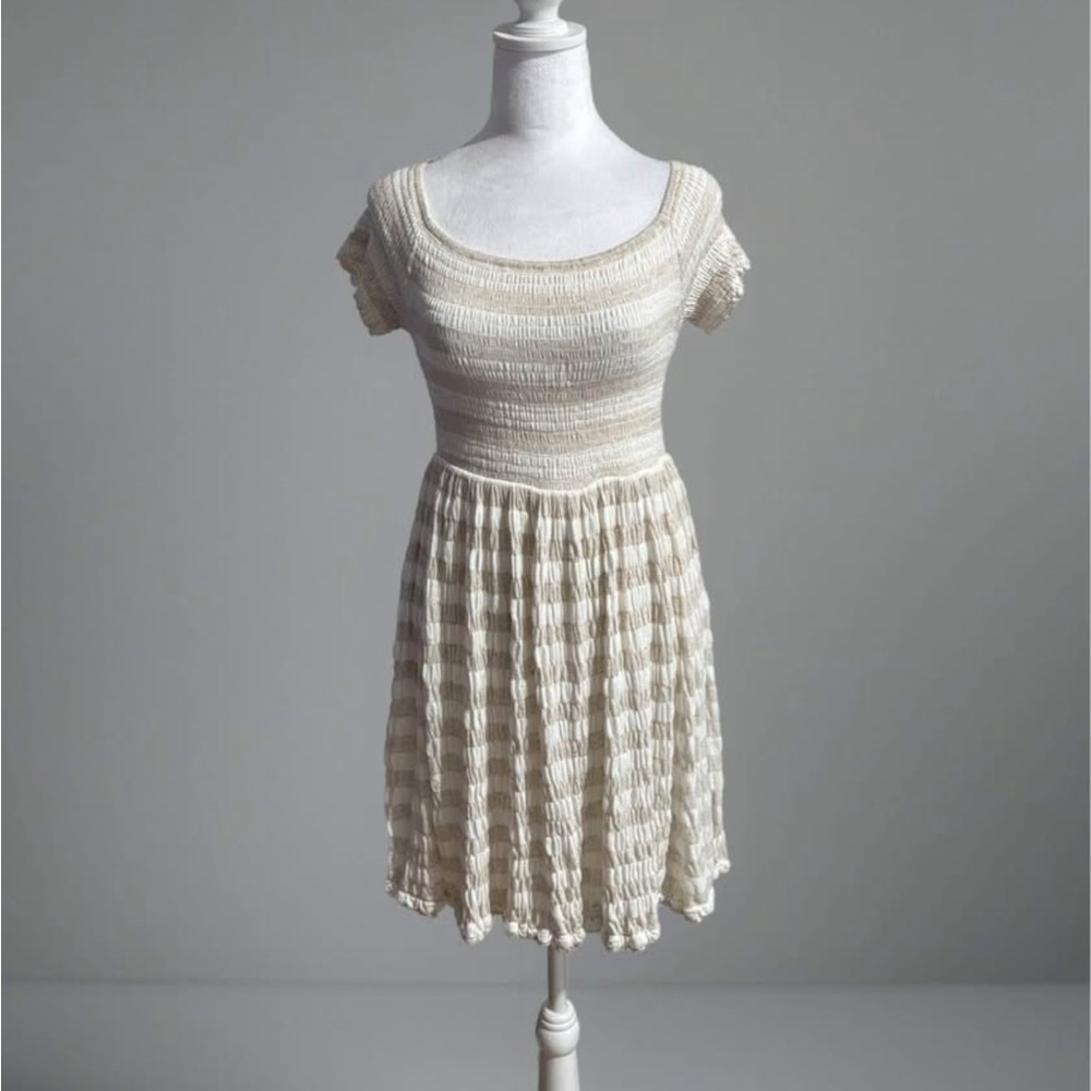 Lucky Brand Beige And White Shirred Knit  Mini Dress